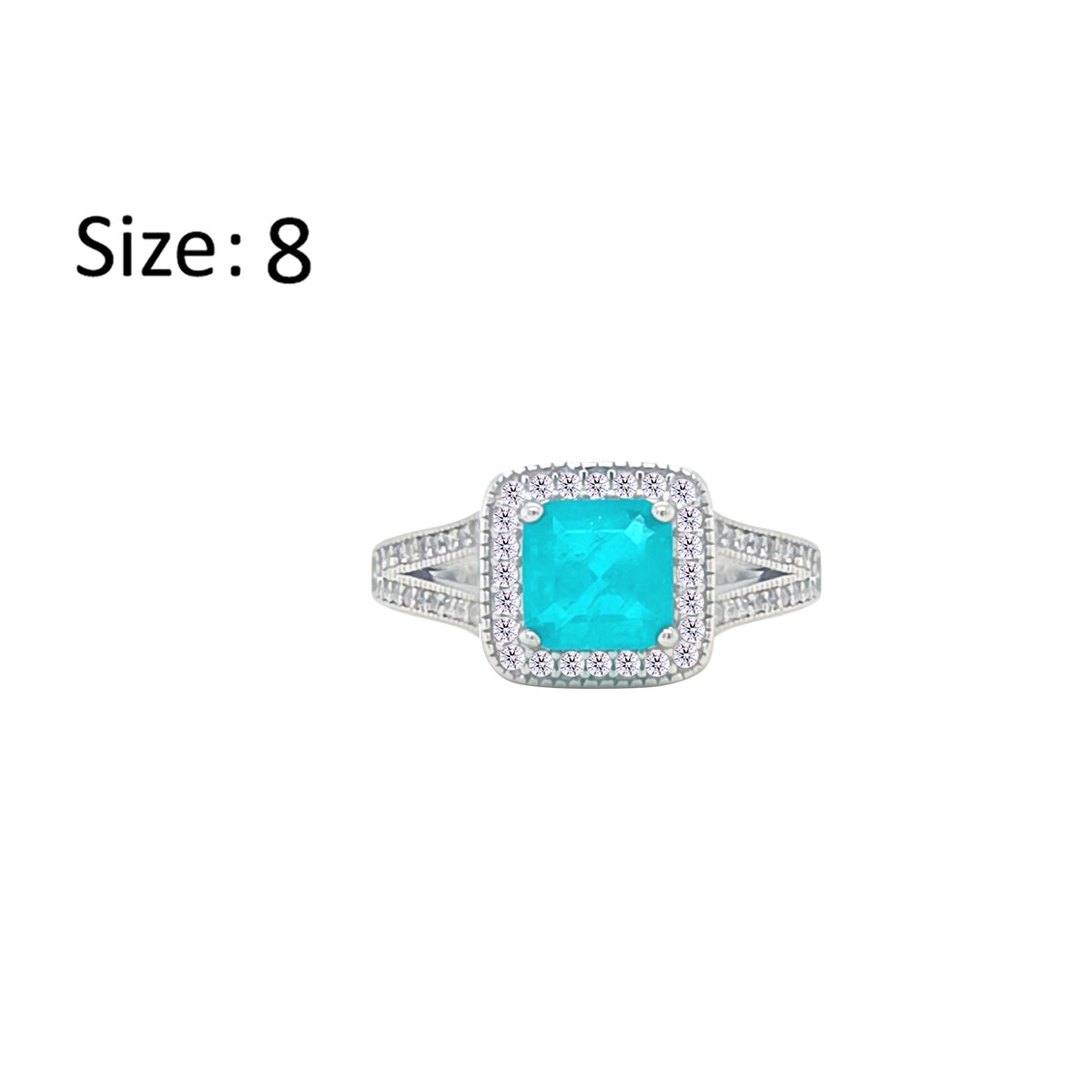 Asfour Crystal Split Shank Halo Ring With Turquoise Square Design In 925 Sterling Silver-RM0152-GC-8
