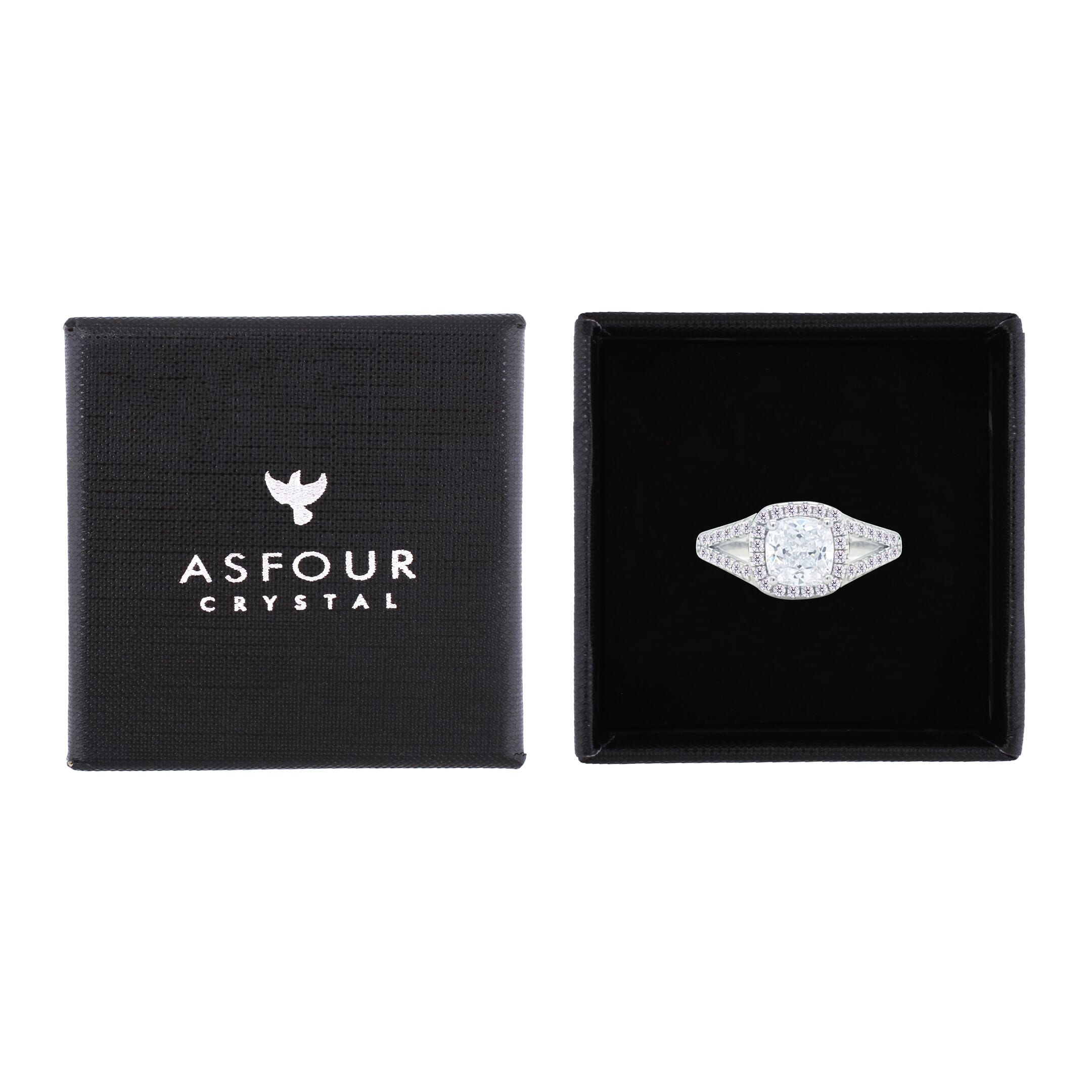 Asfour Crystal Split Shank Halo Ring With Zircon Square Design In 925 Sterling Silver-RM0153-8