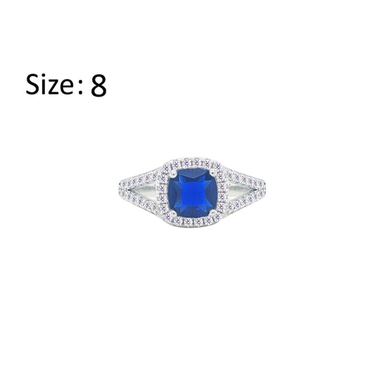 Asfour Crystal Split Shank Halo Ring With Blue Square Design In 925 Sterling Silver-RM0153-WB-8