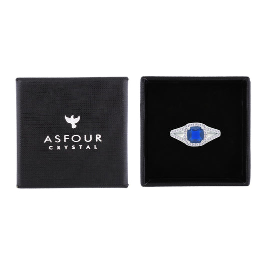 Asfour Crystal Split Shank Halo Ring With Blue Square Design In 925 Sterling Silver-RM0153-WB-8