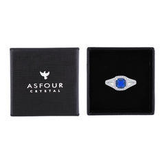 Asfour Crystal Split Shank Halo Ring With Blue Square Design In 925 Sterling Silver-RM0153-WB-9
