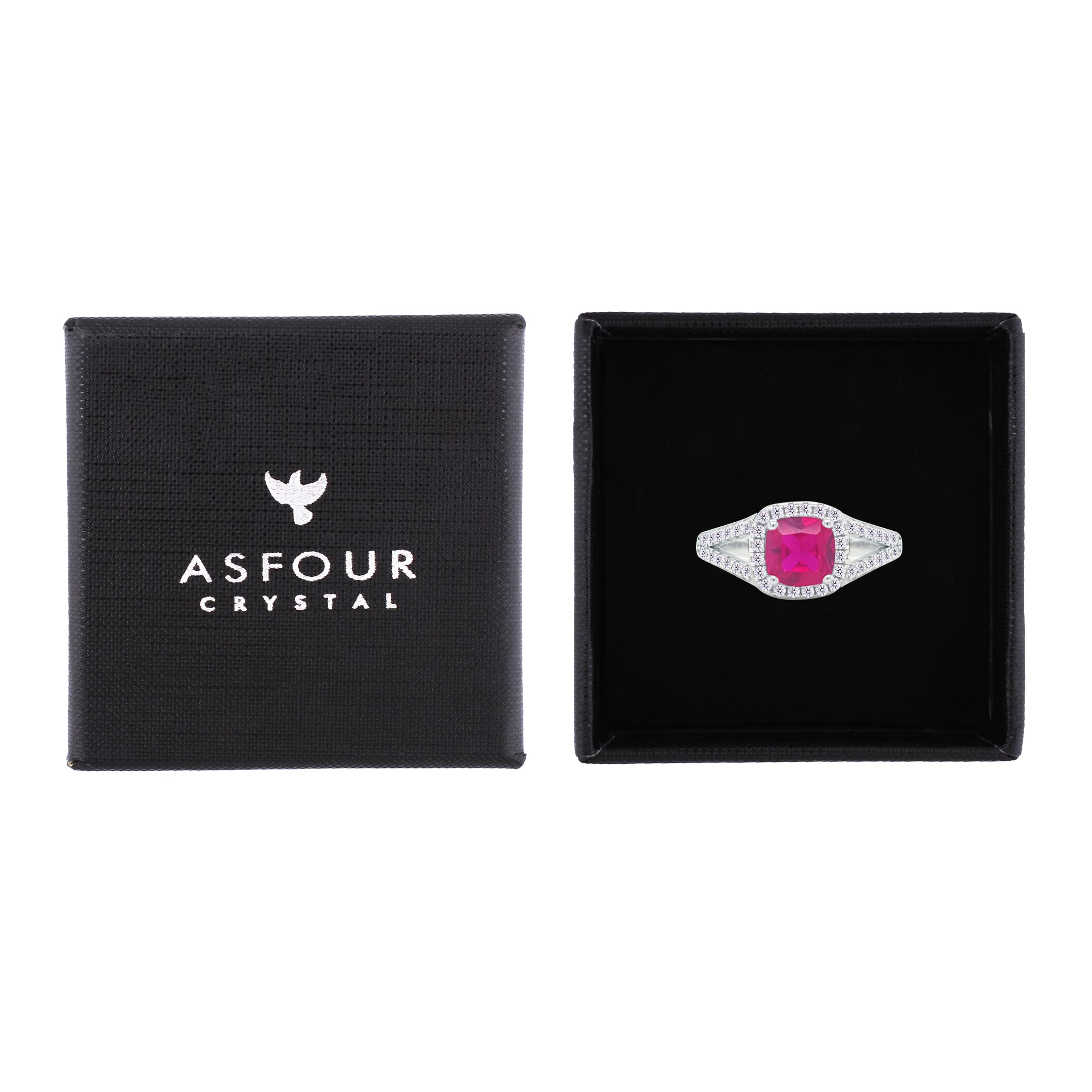 Asfour Crystal Split Shank Halo Ring With Fuchsia Square Design In 925 Sterling Silver-RM0153-WF-7