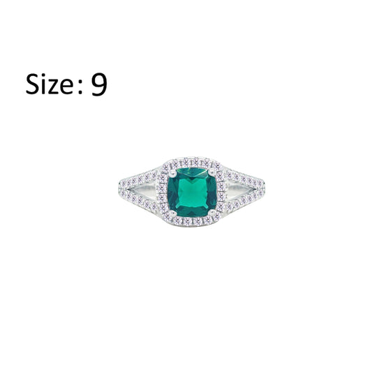 Asfour Crystal Split Shank Halo Ring With Emerald Green Square Design In 925 Sterling Silver-RM0153-WG-9
