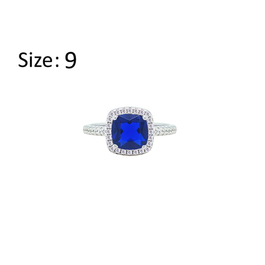 Asfour Crystal Halo Ring With Blue Square Design In 925 Sterling Silver-RM0154-B-9