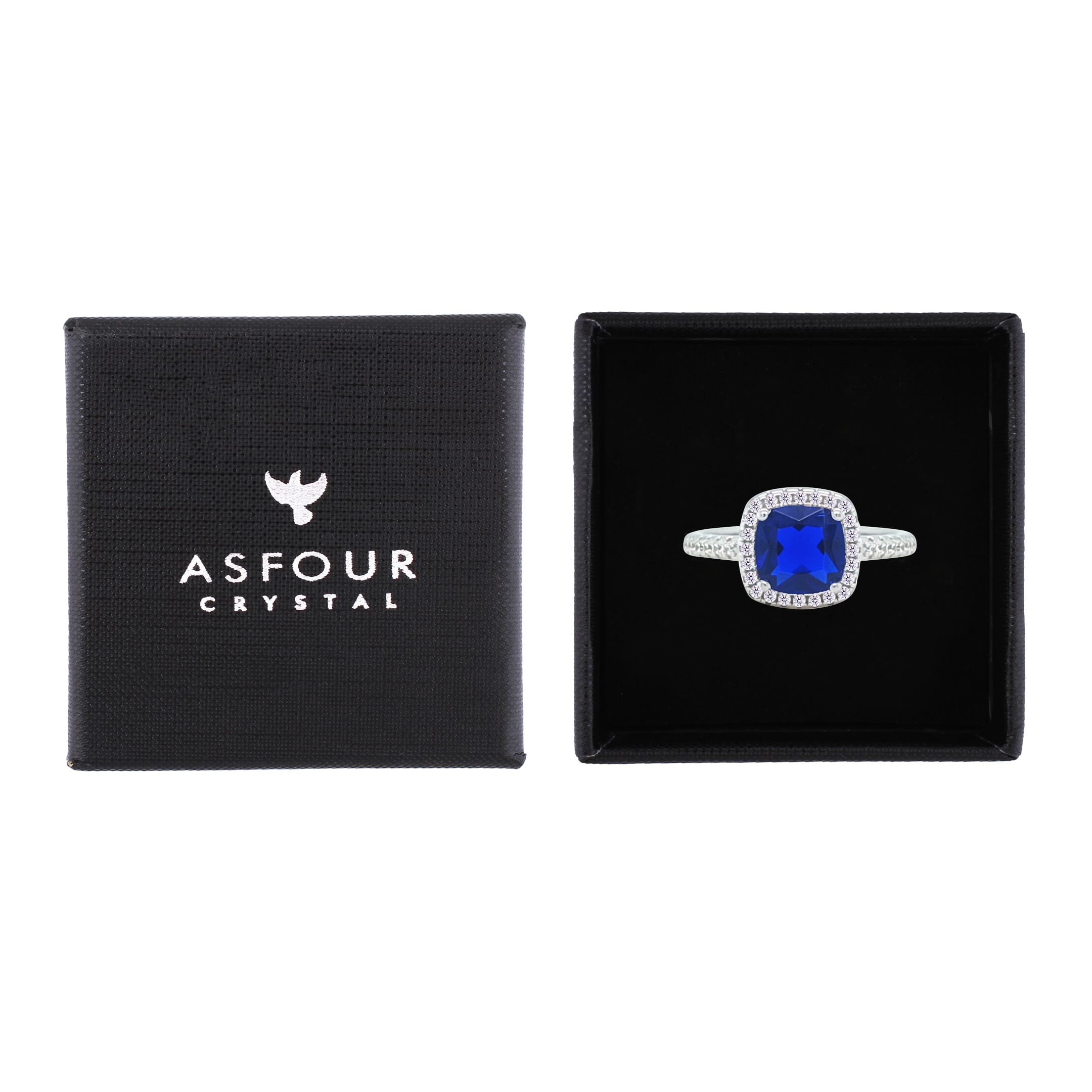 Asfour Crystal Halo Ring With Blue Square Design In 925 Sterling Silver-RM0154-B-9