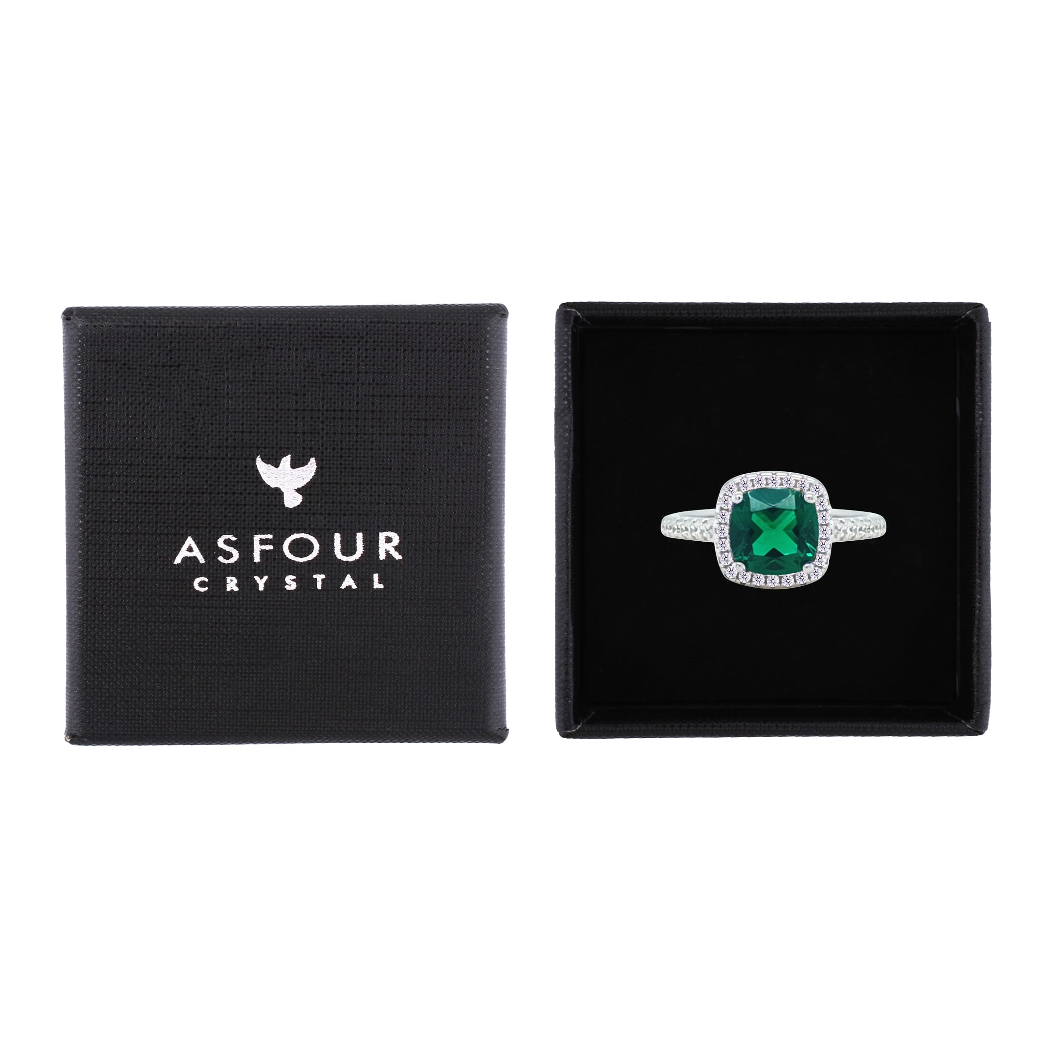 Asfour Crystal Halo Ring With Emerald Green Square Design In 925 Sterling Silver-RM0154-G-8