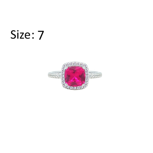Asfour Crystal Halo Ring With Ruby Square Design In 925 Sterling Silver-RM0154-R-7