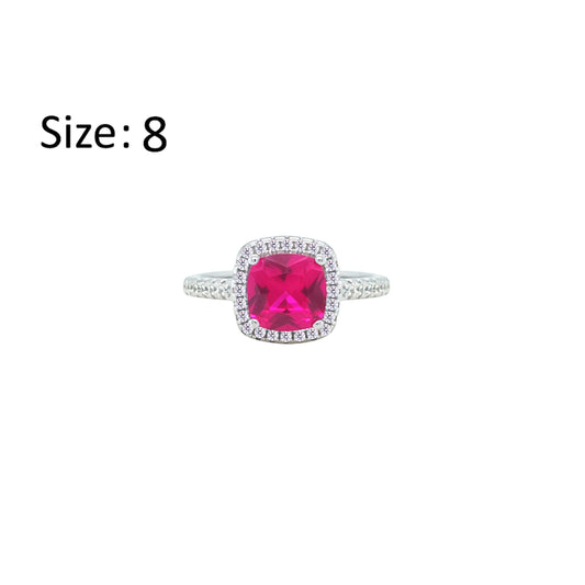 Asfour Crystal Halo Ring With Ruby Square Design In 925 Sterling Silver-RM0154-R-8