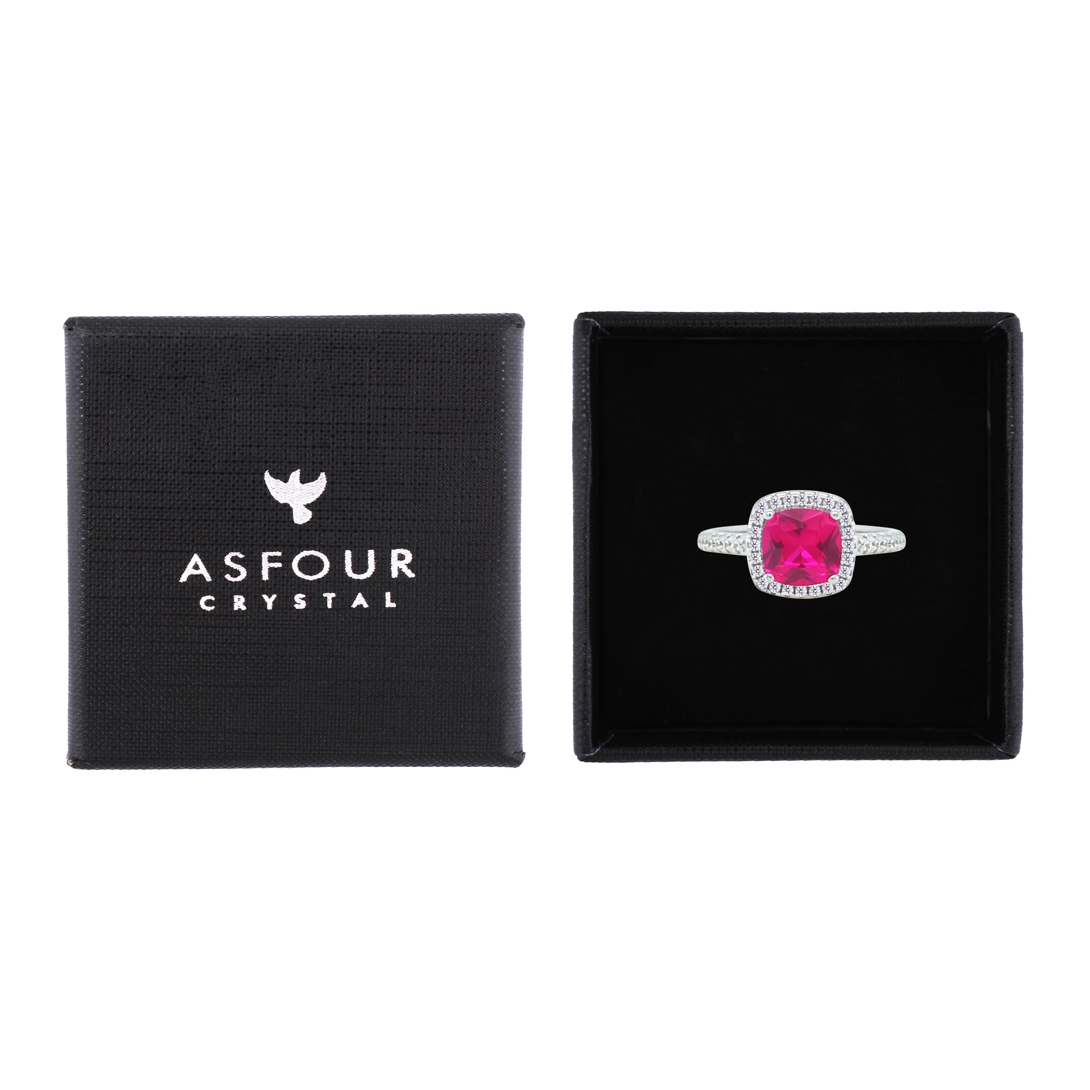 Asfour Crystal Halo Ring With Ruby Square Design In 925 Sterling Silver-RM0154-R-9