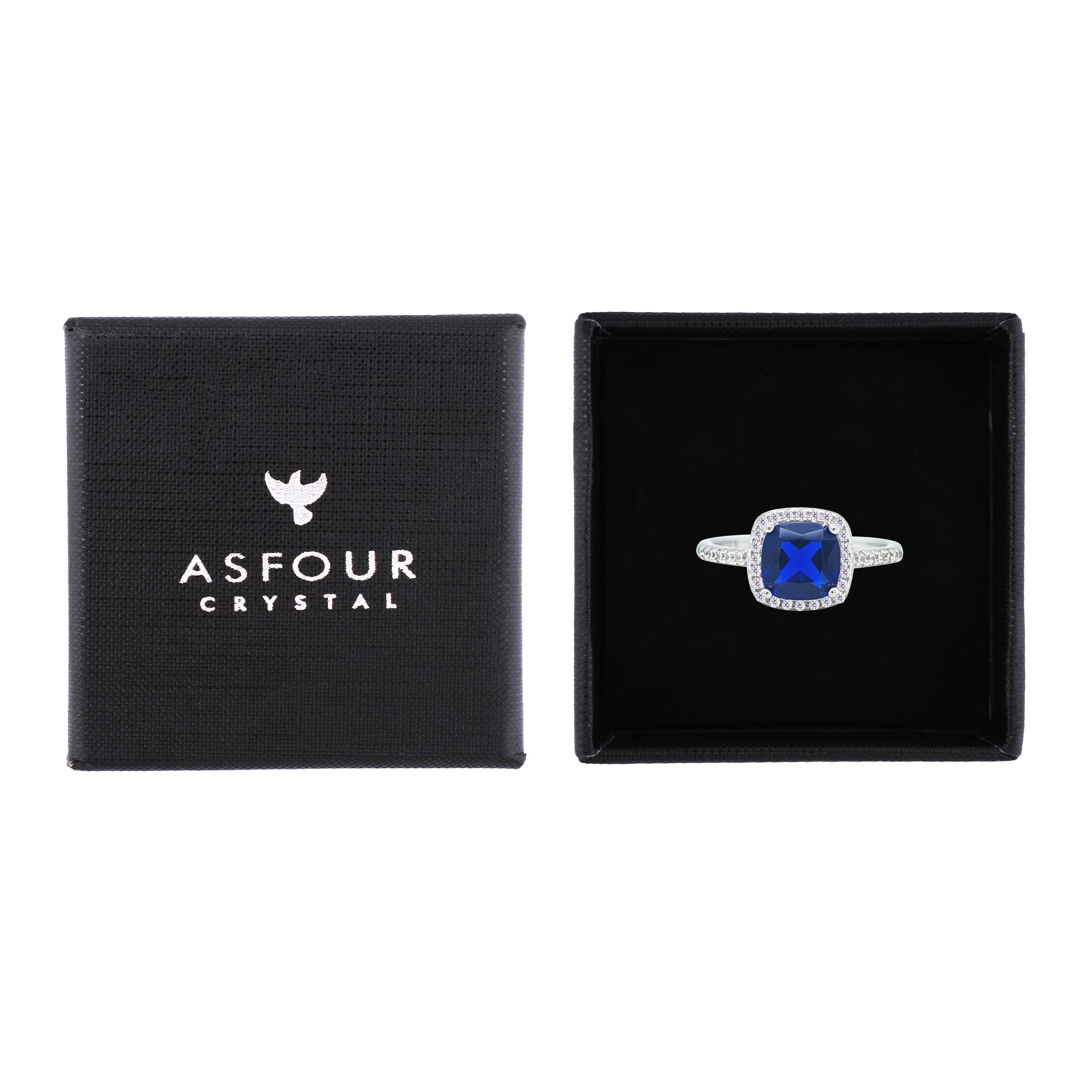 Asfour Crystal Halo Ring With Blue Square Design In 925 Sterling Silver-RM0155-B-8
