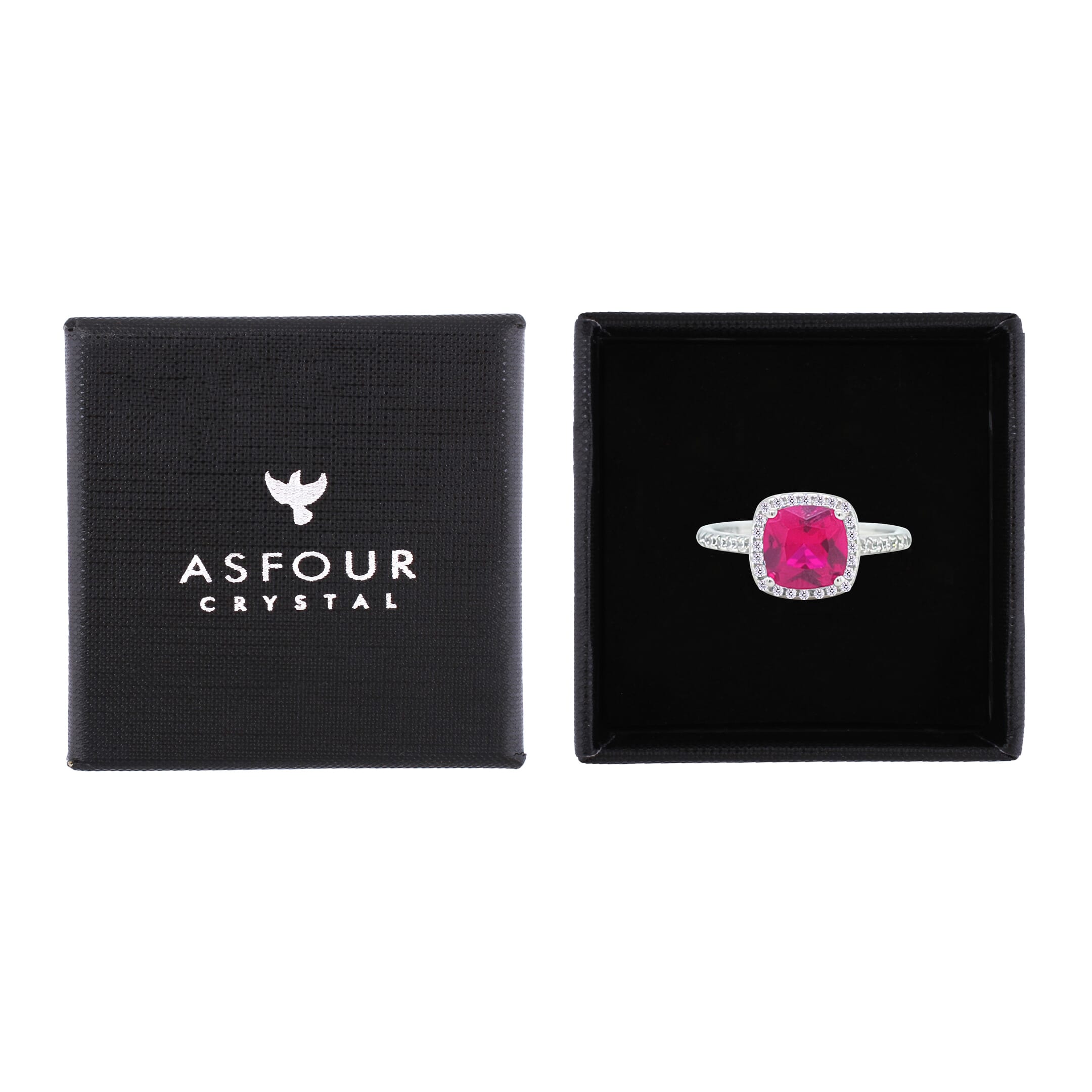 Asfour Crystal Halo Ring With Fuchsia Square Design In 925 Sterling Silver-RM0155-F-9