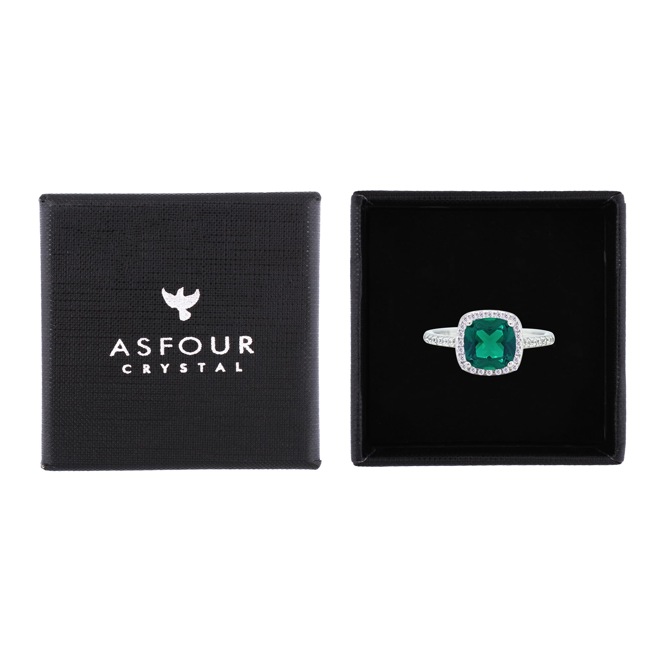 Asfour Crystal Halo Ring With Emerald Green Square Design In 925 Sterling Silver-RM0155-G-7