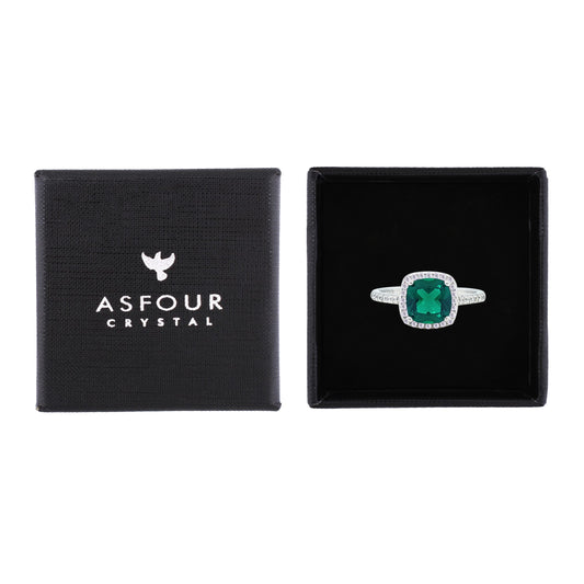 Asfour Crystal Halo Ring With Emerald Green Square Design In 925 Sterling Silver-RM0155-G-8