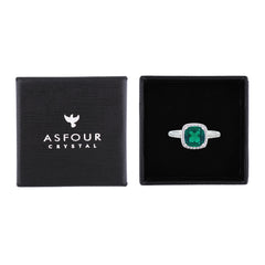 Asfour Crystal Halo Ring With Emerald Green Square Design In 925 Sterling Silver-RM0155-G-8