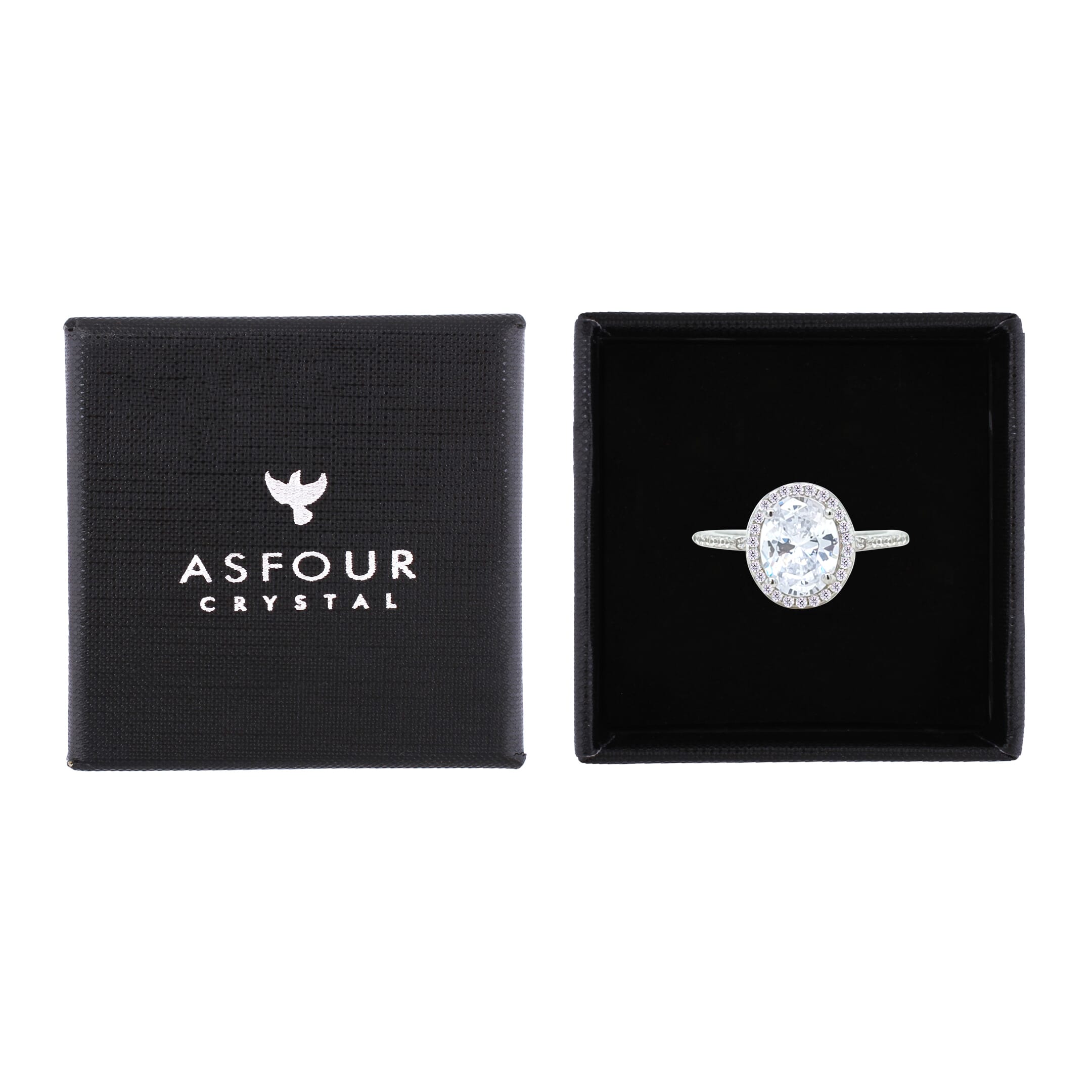 Asfour Crystal Halo Ring With Zircon Oval Design In 925 Sterling Silver-RM0158-8