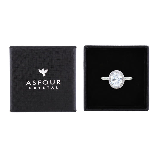 Asfour Crystal Halo Ring With Zircon Oval Design In 925 Sterling Silver-RM0158-9