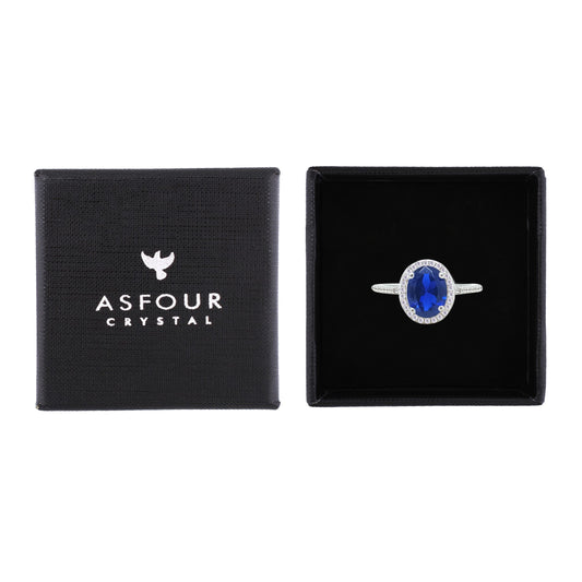 Asfour Crystal Halo Ring With Blue Oval Design In 925 Sterling Silver-RM0158-B-8