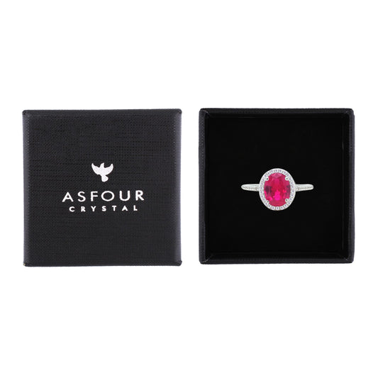 Asfour Crystal Halo Ring With Fuchsia Oval Design In 925 Sterling Silver-RM0158-F-9