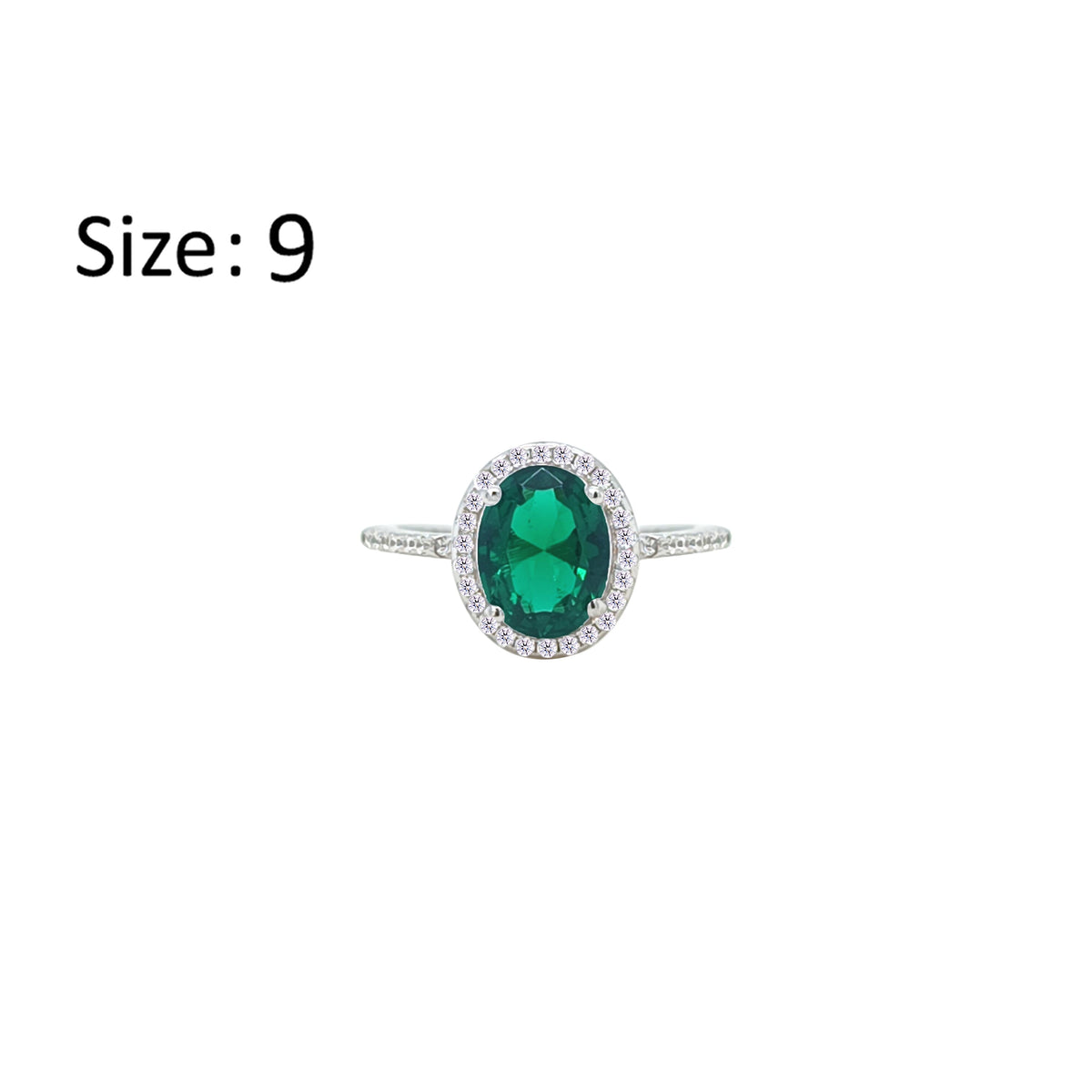 Asfour Crystal Halo Ring With Emerald Green Oval Design In 925 Sterling Silver-RM0158-G-9