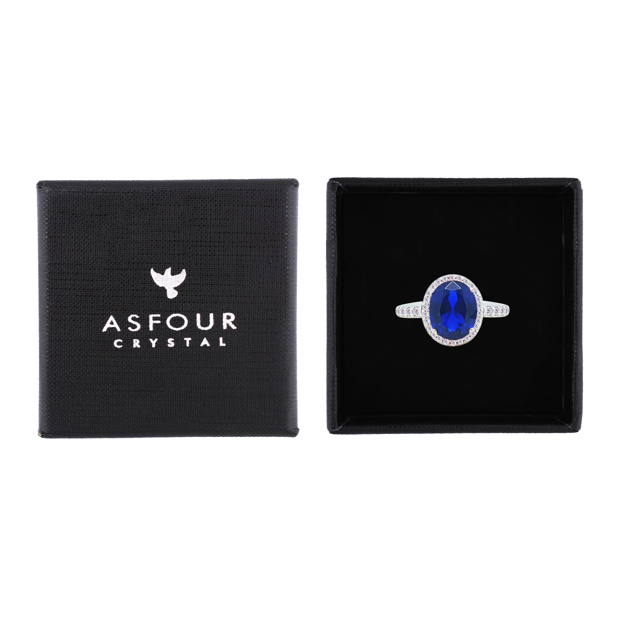 Asfour Crystal Halo Ring With Blue Oval Design In 925 Sterling Silver-RM0159-B-9