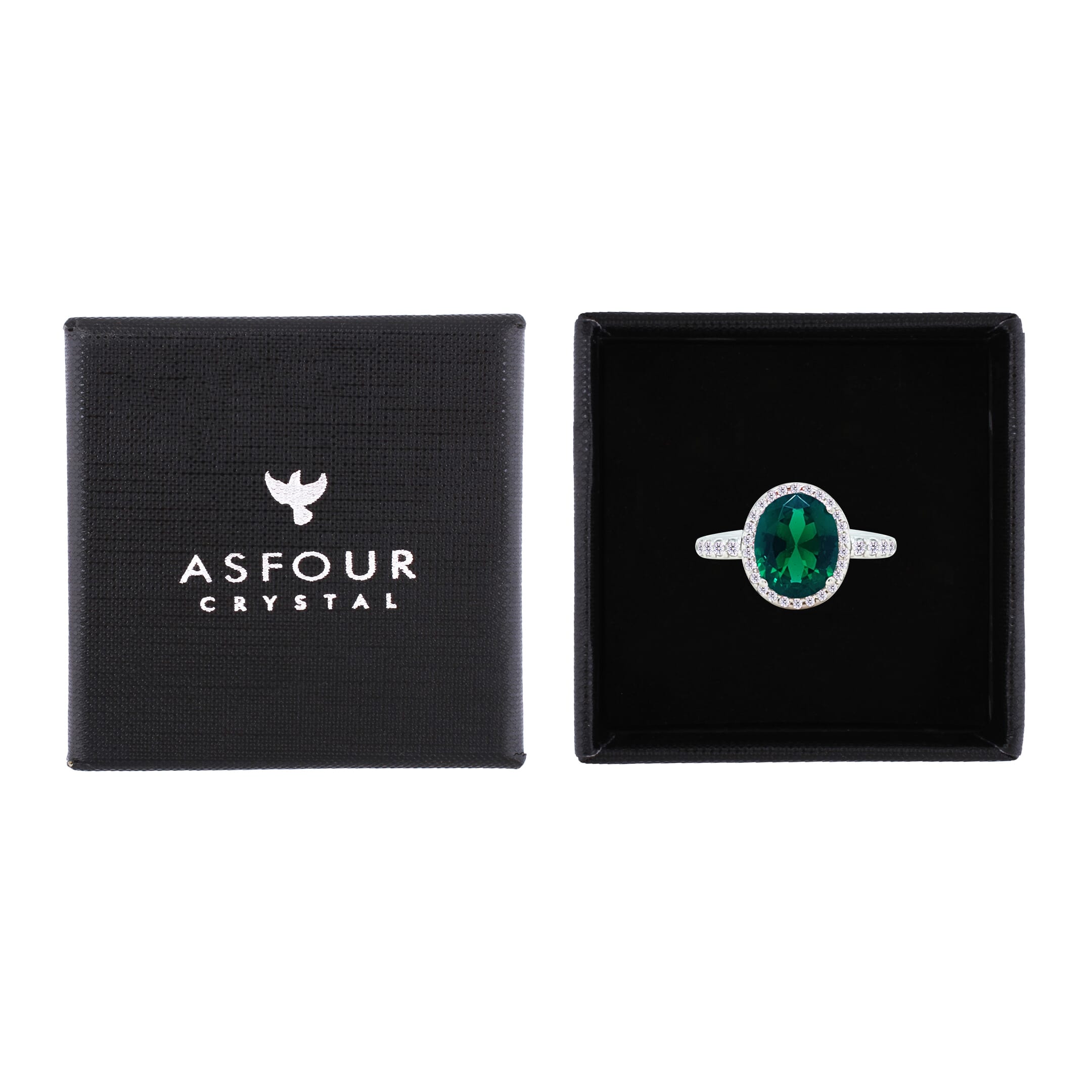 Asfour Crystal Halo Ring With Emerald Green Oval Design In 925 Sterling Silver-RM0159-G-7