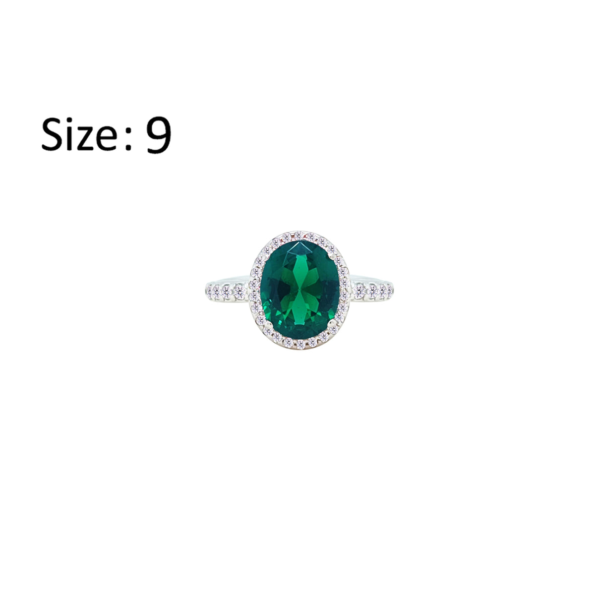 Asfour Crystal Halo Ring With Emerald Green Oval Design In 925 Sterling Silver-RM0159-G-9
