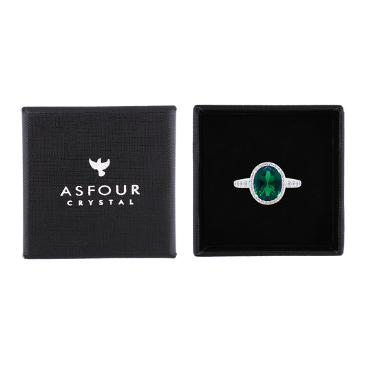 Asfour Crystal Halo Ring With Emerald Green Oval Design In 925 Sterling Silver-RM0159-G-9