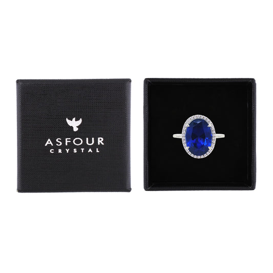 Asfour Crystal Halo Ring With Blue Oval Design In 925 Sterling Silver-RM0160-B-7