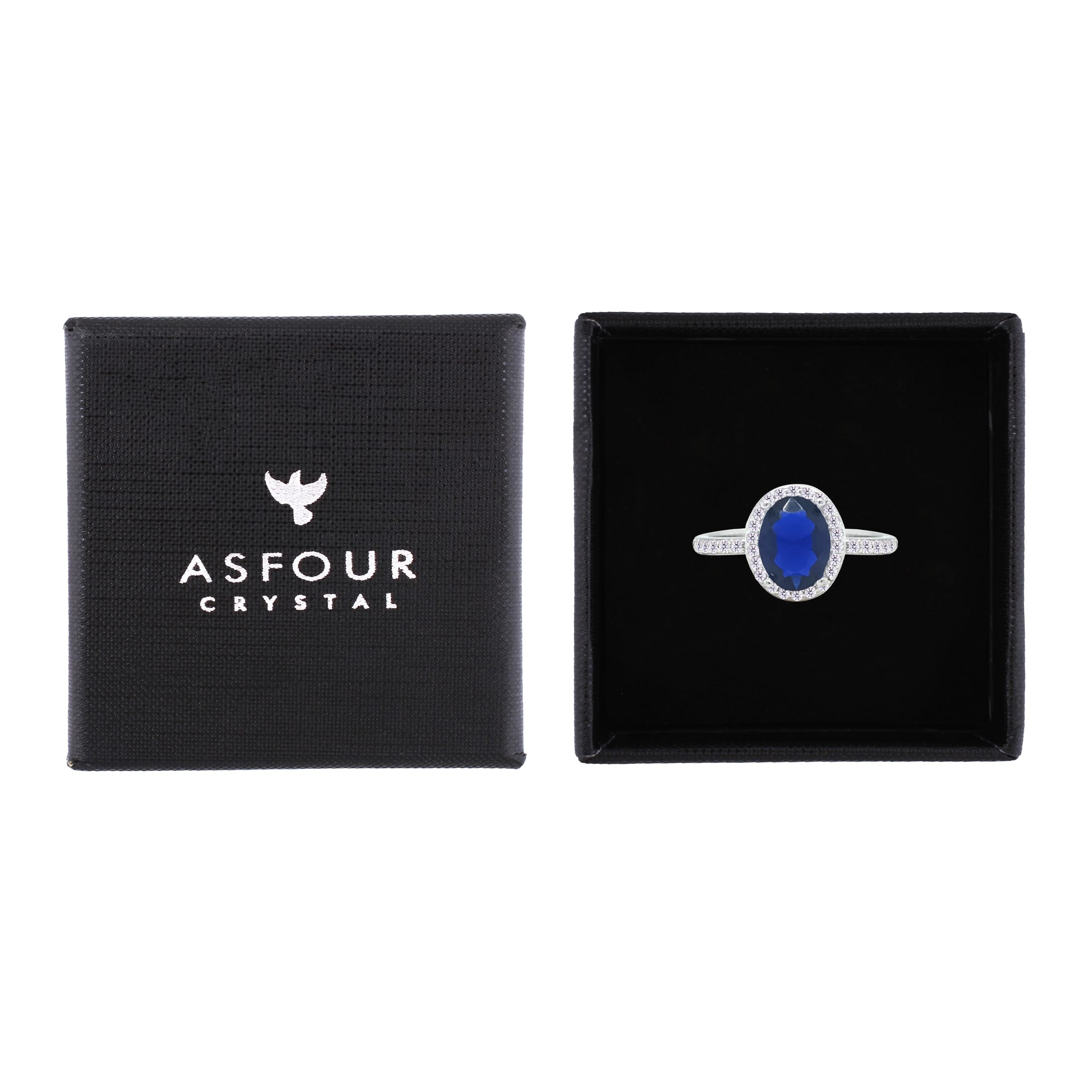 Asfour Crystal Halo Ring With Blue Oval Design In 925 Sterling Silver-RM0161-B-8