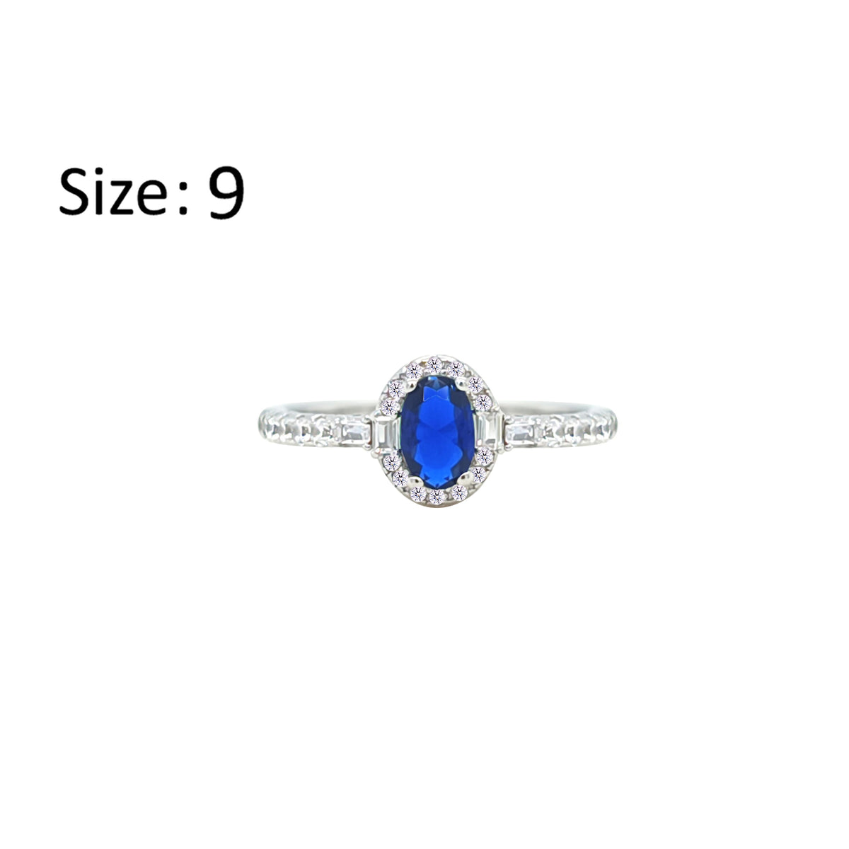 Asfour Crystal Halo Ring With Blue Oval Design In 925 Sterling Silver-RM0162-B-9