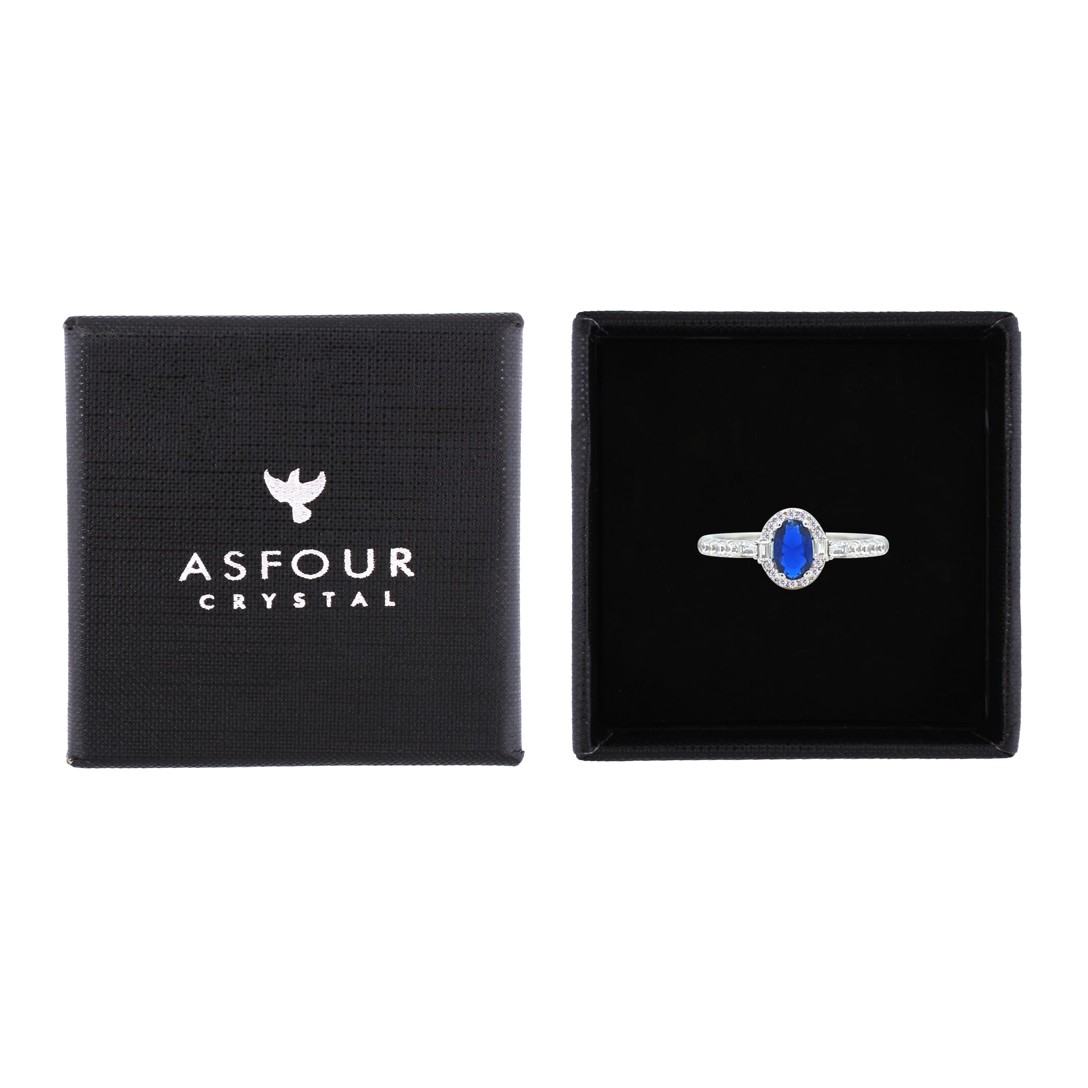 Asfour Crystal Halo Ring With Blue Oval Design In 925 Sterling Silver-RM0162-B-9