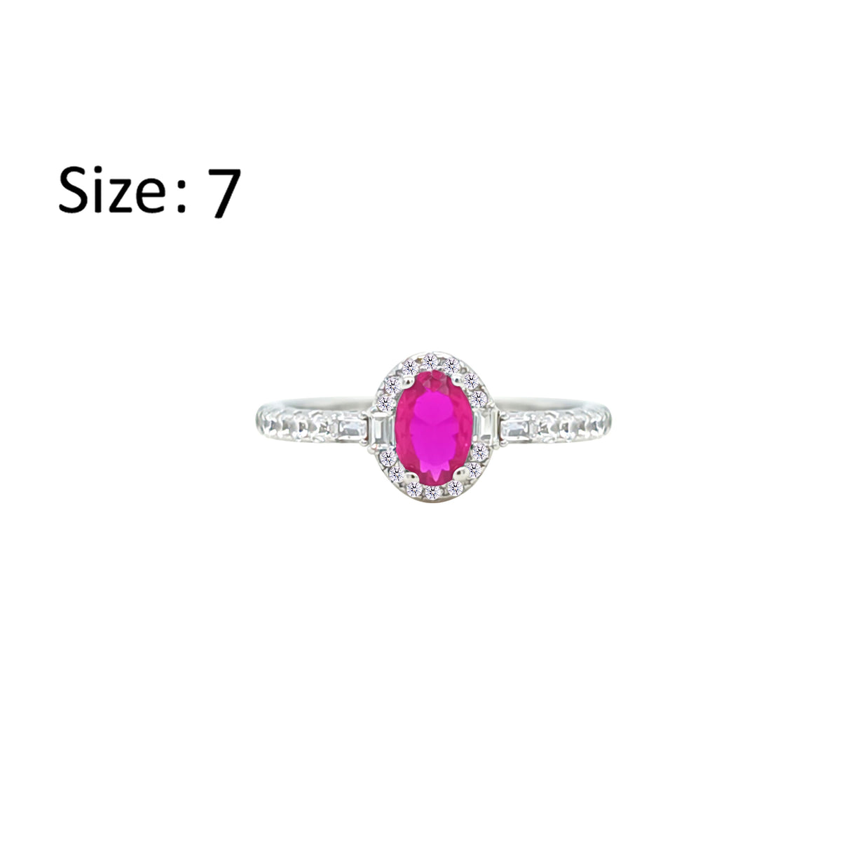 Asfour Crystal Halo Ring With Fuchsia Oval Design In 925 Sterling Silver-RM0162-F-7