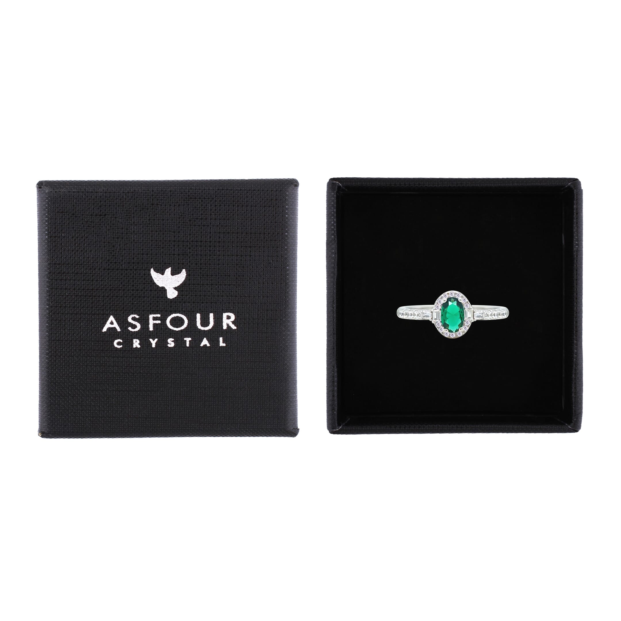 Asfour Crystal Halo Ring With Emerald Green Oval Design In 925 Sterling Silver-RM0162-G-8