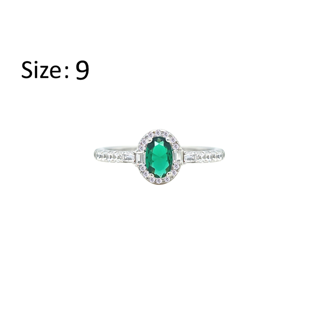 Asfour Crystal Halo Ring With Emerald Green Oval Design In 925 Sterling Silver-RM0162-G-9