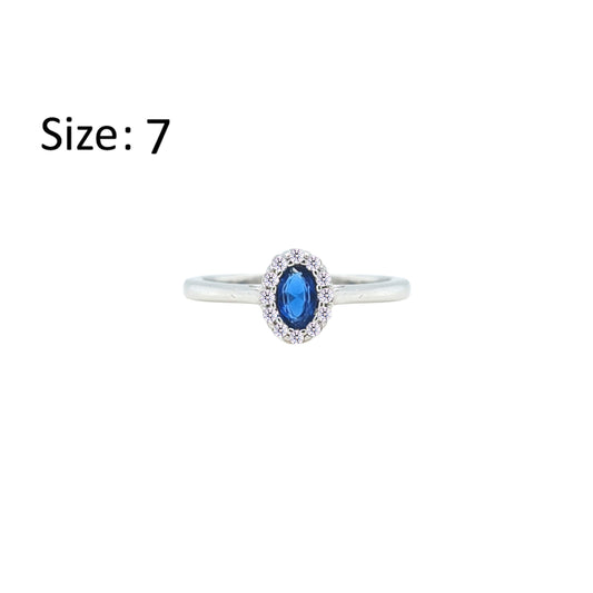 Asfour Crystal Halo Ring With Blue Oval Design In 925 Sterling Silver-RM0163-B-7