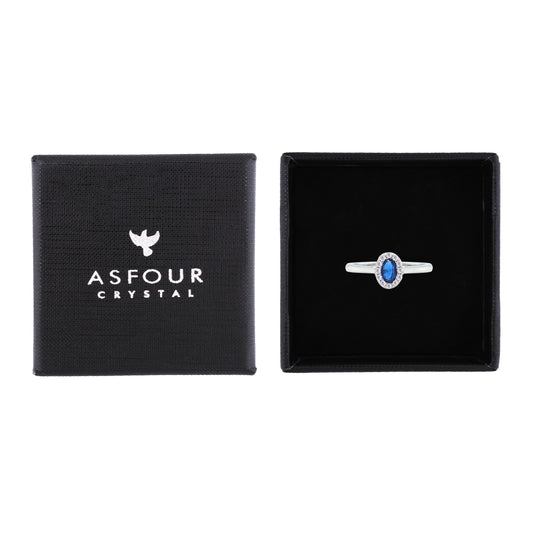 Asfour Crystal Halo Ring With Blue Oval Design In 925 Sterling Silver-RM0163-B-8