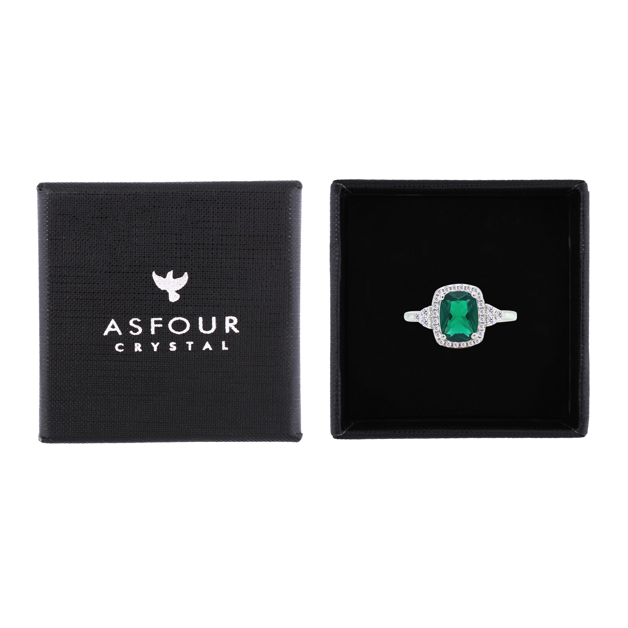 Asfour Crystal Halo Ring With Green Emerald Design In 925 Sterling Silver-RM0164-G-8