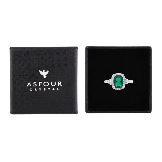 Asfour Crystal Halo Ring With Green Emerald Design In 925 Sterling Silver-RM0164-G-9