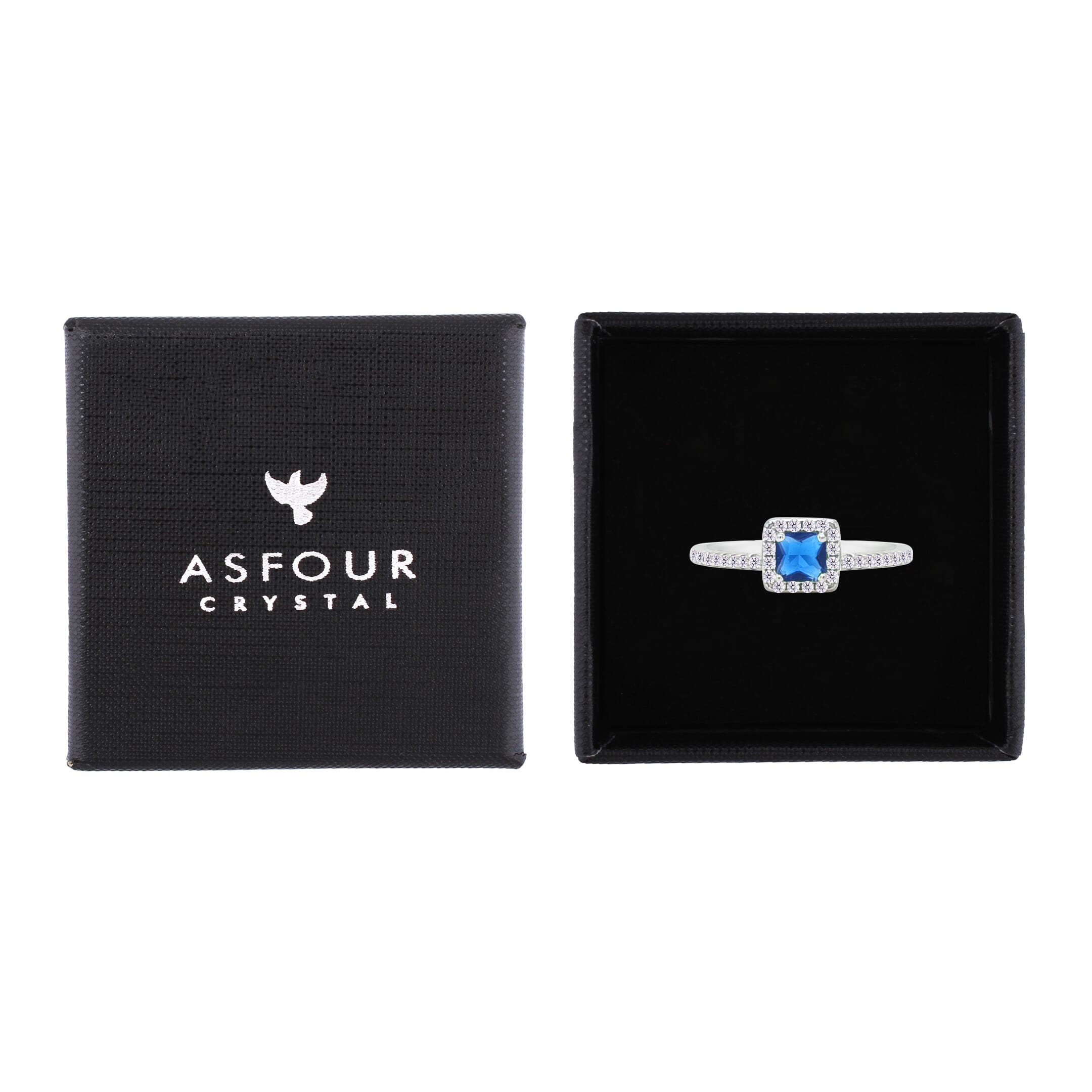 Asfour Crystal Halo Ring With Blue Square Design In 925 Sterling Silver-RM0166-B-8