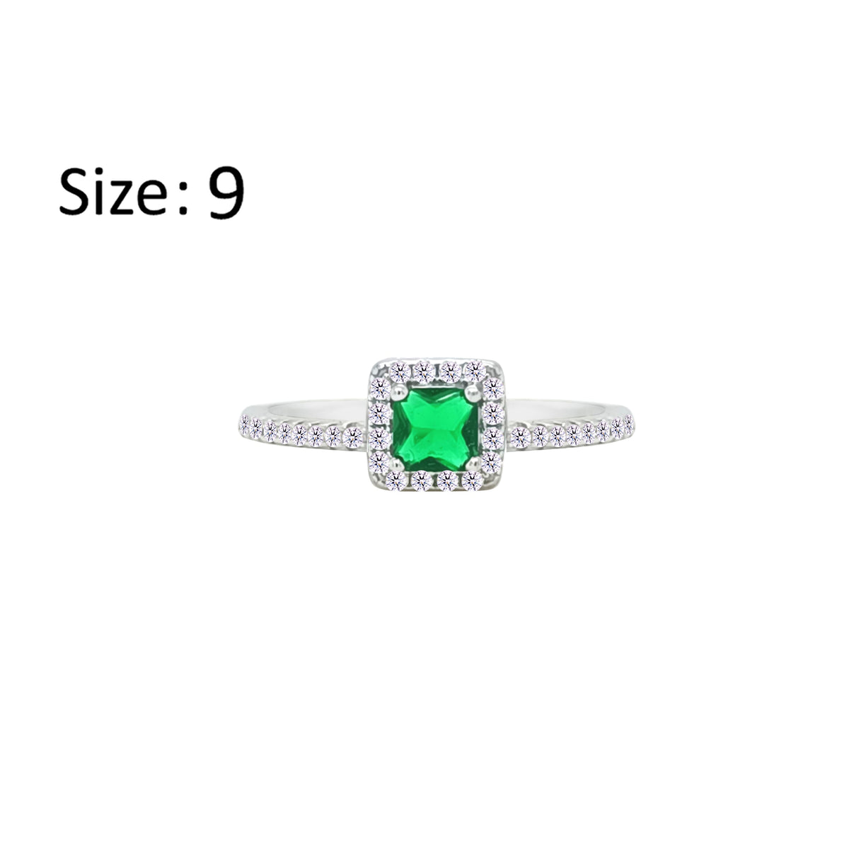 Asfour Crystal Halo Ring With Green Emerald Square Design In 925 Sterling Silver-RM0166-G-9