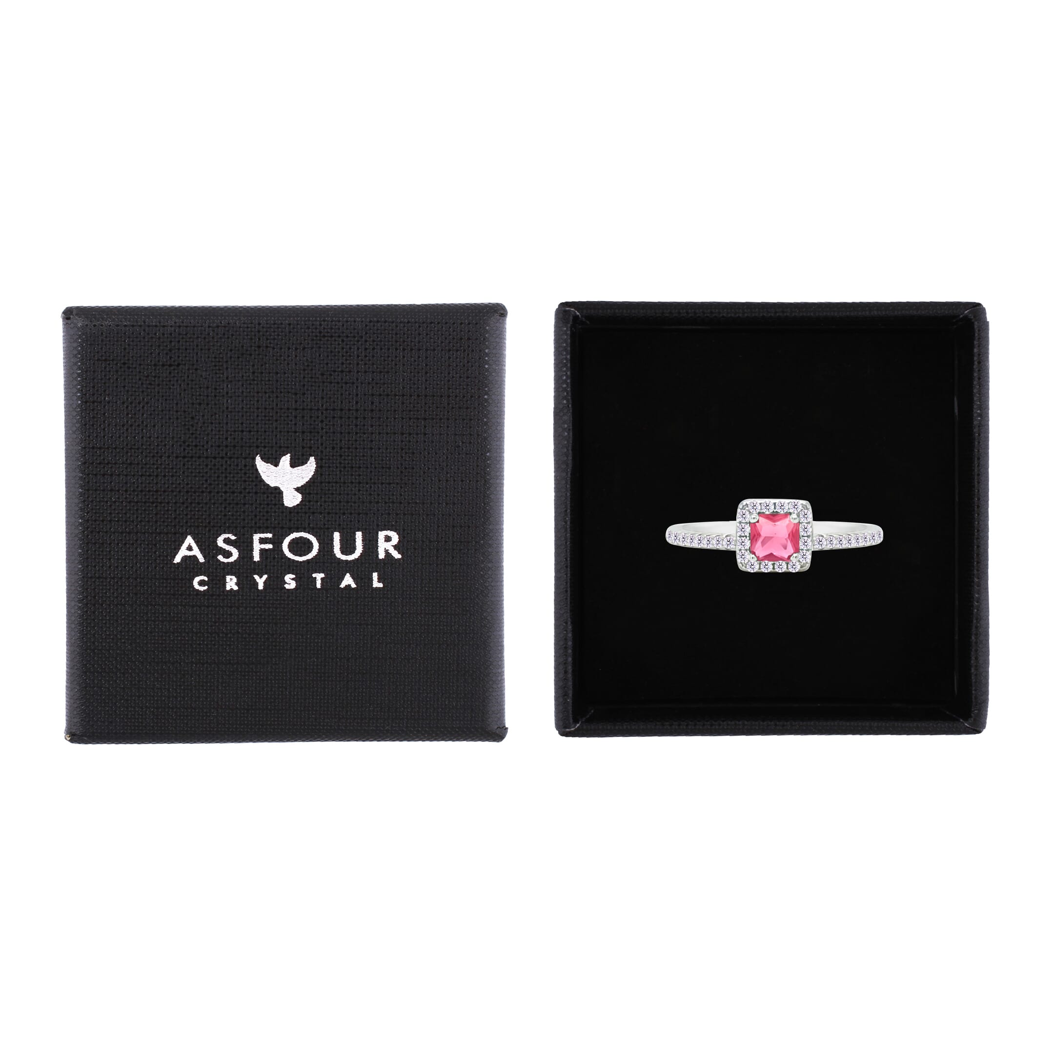 Asfour Crystal Halo Ring With Dark Rose Square Design In 925 Sterling Silver-RM0166-O5-7