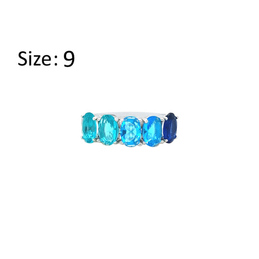 Asfour Crystal Fashion Ring With Blue & Gradient Aquamarine Oval Stones In 925 Sterling Silver-RM0167-MB-9