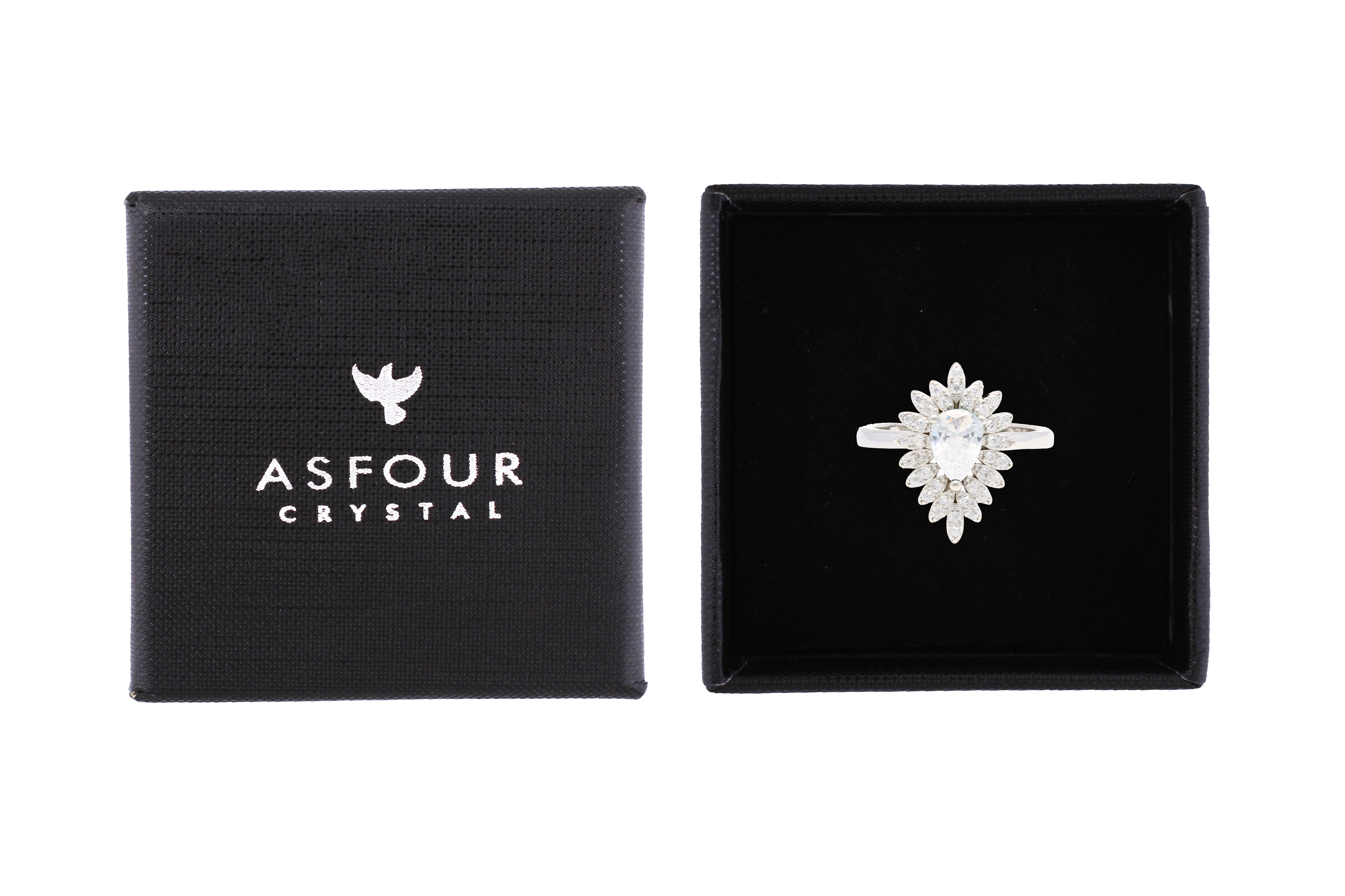 Asfour Cluster Ring With Pear Design Inlaid With Zircon In 925 Sterling Silver RR0331-W-8