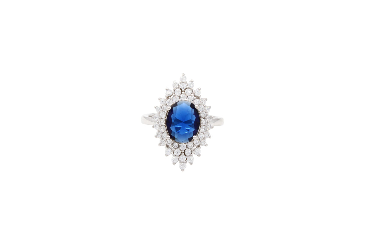 Asfour Crystal Cluster Ring With Blue Oval Design In 925 Sterling Silver RR0332-B-8