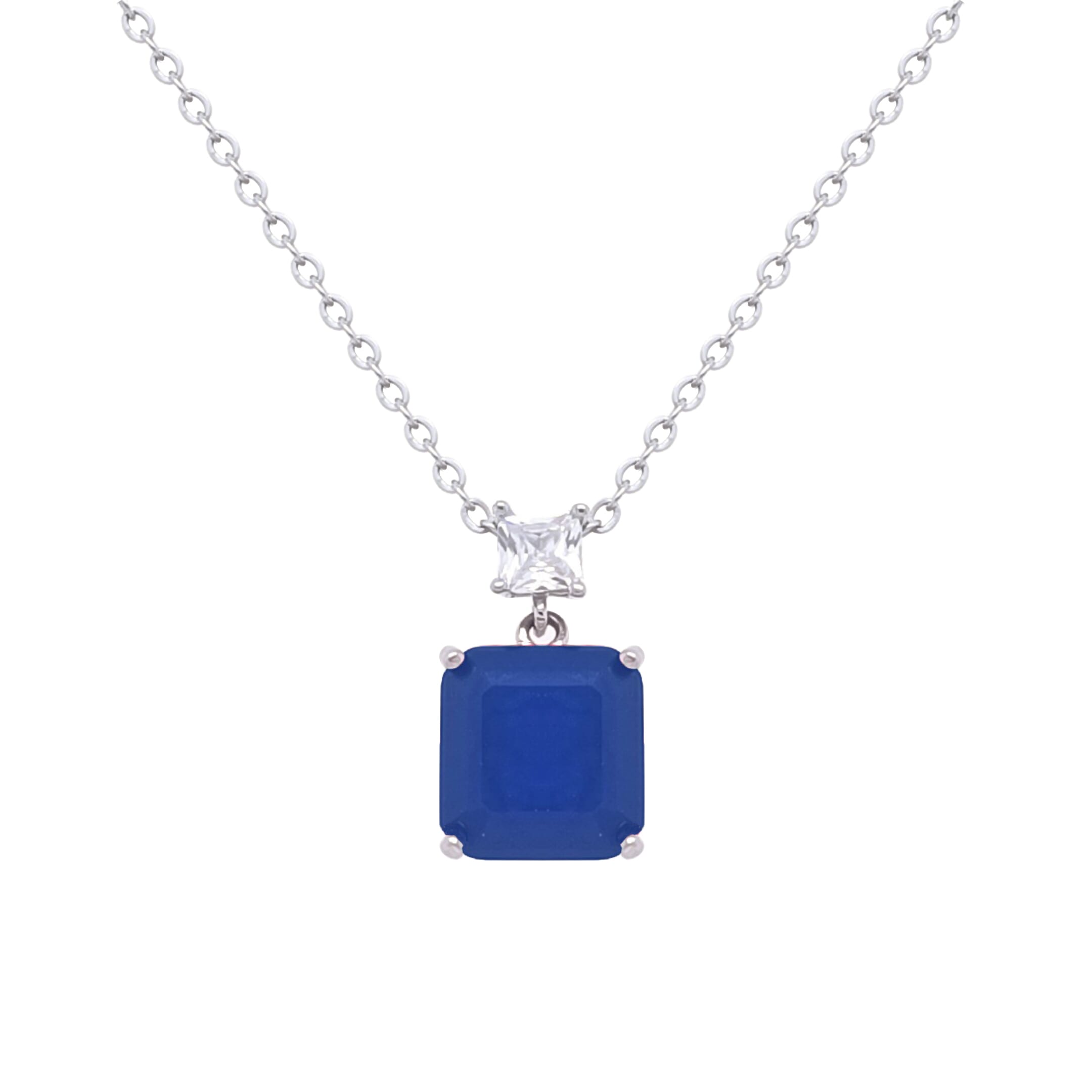 Asfour Crystal  Jewelry Set Of Necklace & Earrings & Ring With Blue Square Design Inlaid With Zircon In 925 Sterling Silver-SD0014-B-6