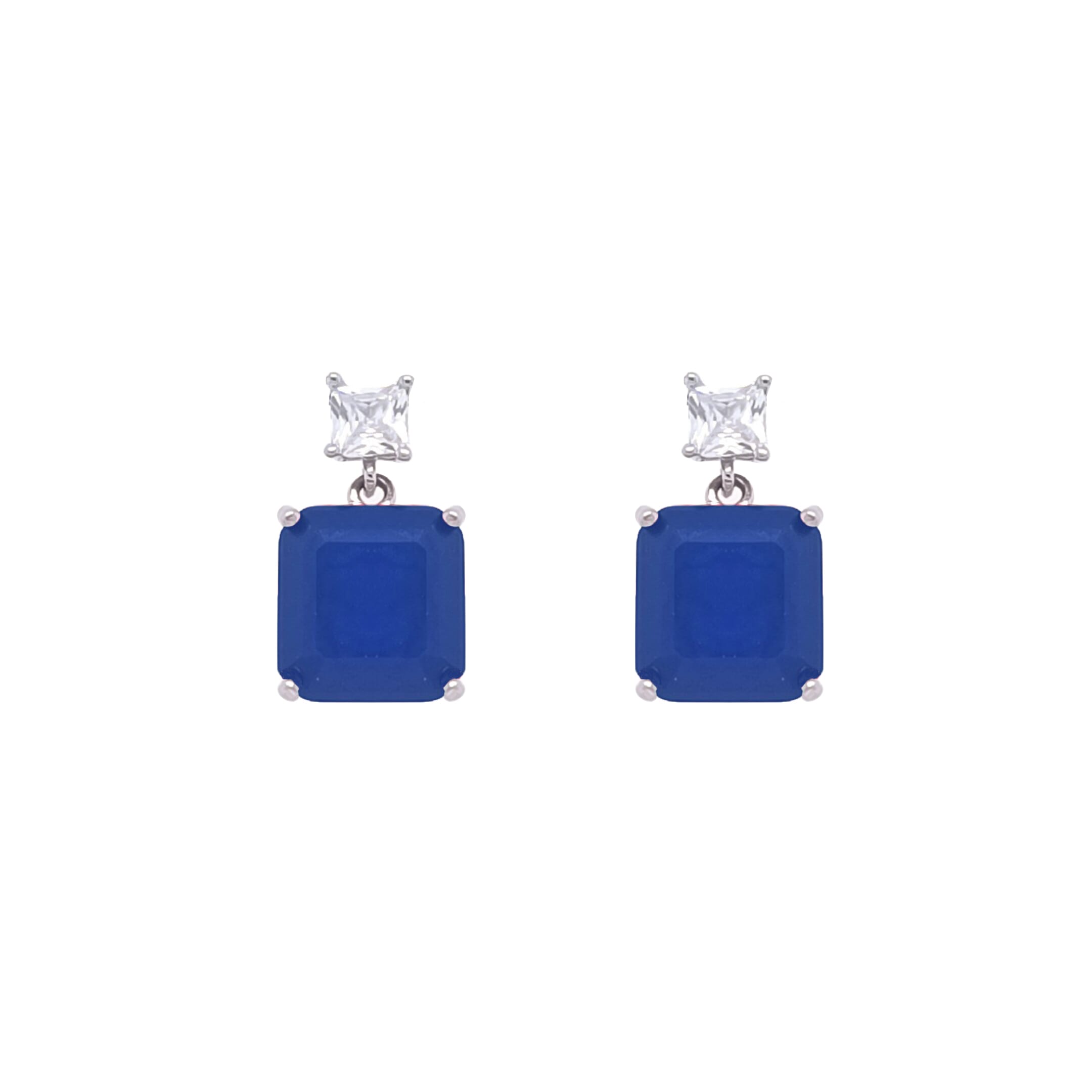 Asfour Crystal  Jewelry Set Of Necklace & Earrings & Ring With Blue Square Design Inlaid With Zircon In 925 Sterling Silver-SD0014-B-6