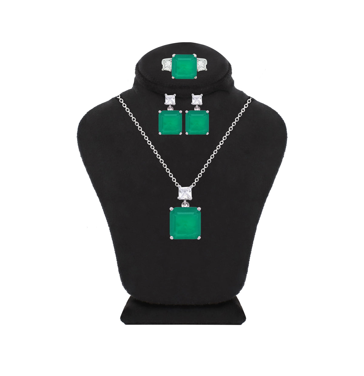 Asfour Crystal  Jewelry Set Of Necklace & Earrings & Ring With Emerald Square Design Inlaid With Zircon In 925 Sterling Silver-SD0014-G-8