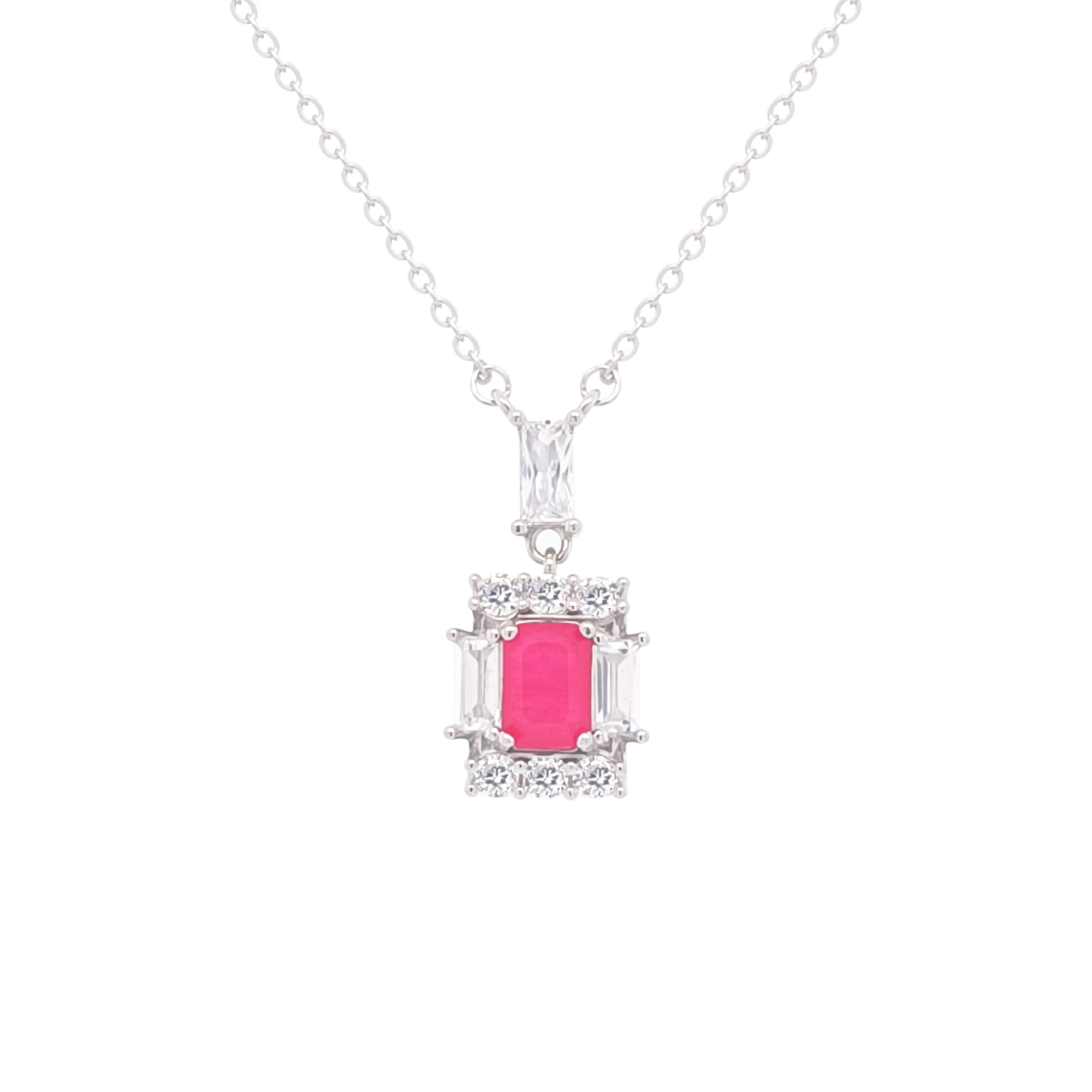 Asfour Crystal  Jewelry Set Of Necklace & Earrings & Ring With Fuchsia Decorative Emerald Design In 925 Sterling Silver-SD0017-F-6