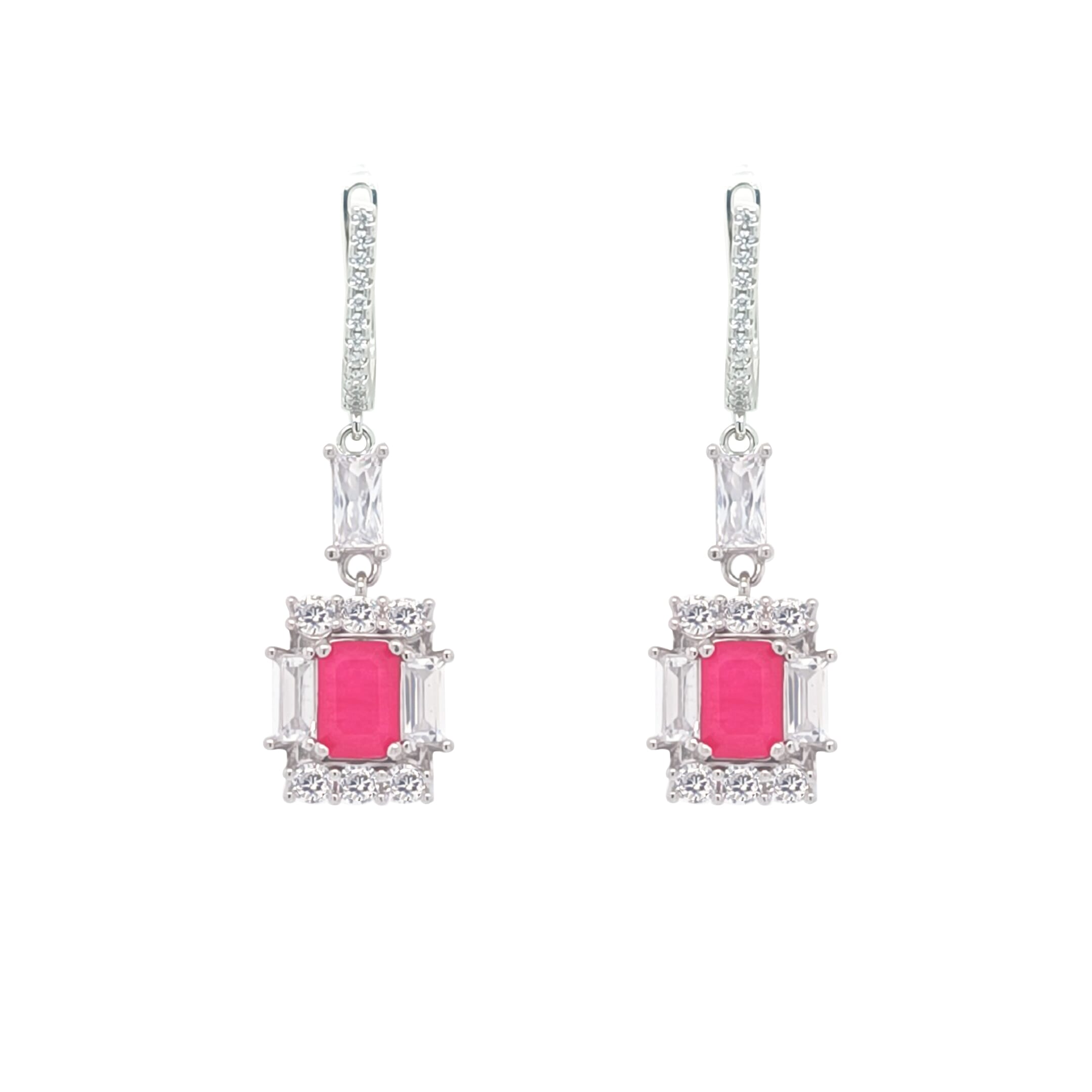 Asfour Crystal  Jewelry Set Of Necklace & Earrings & Ring With Fuchsia Decorative Emerald Design In 925 Sterling Silver-SD0017-F-6