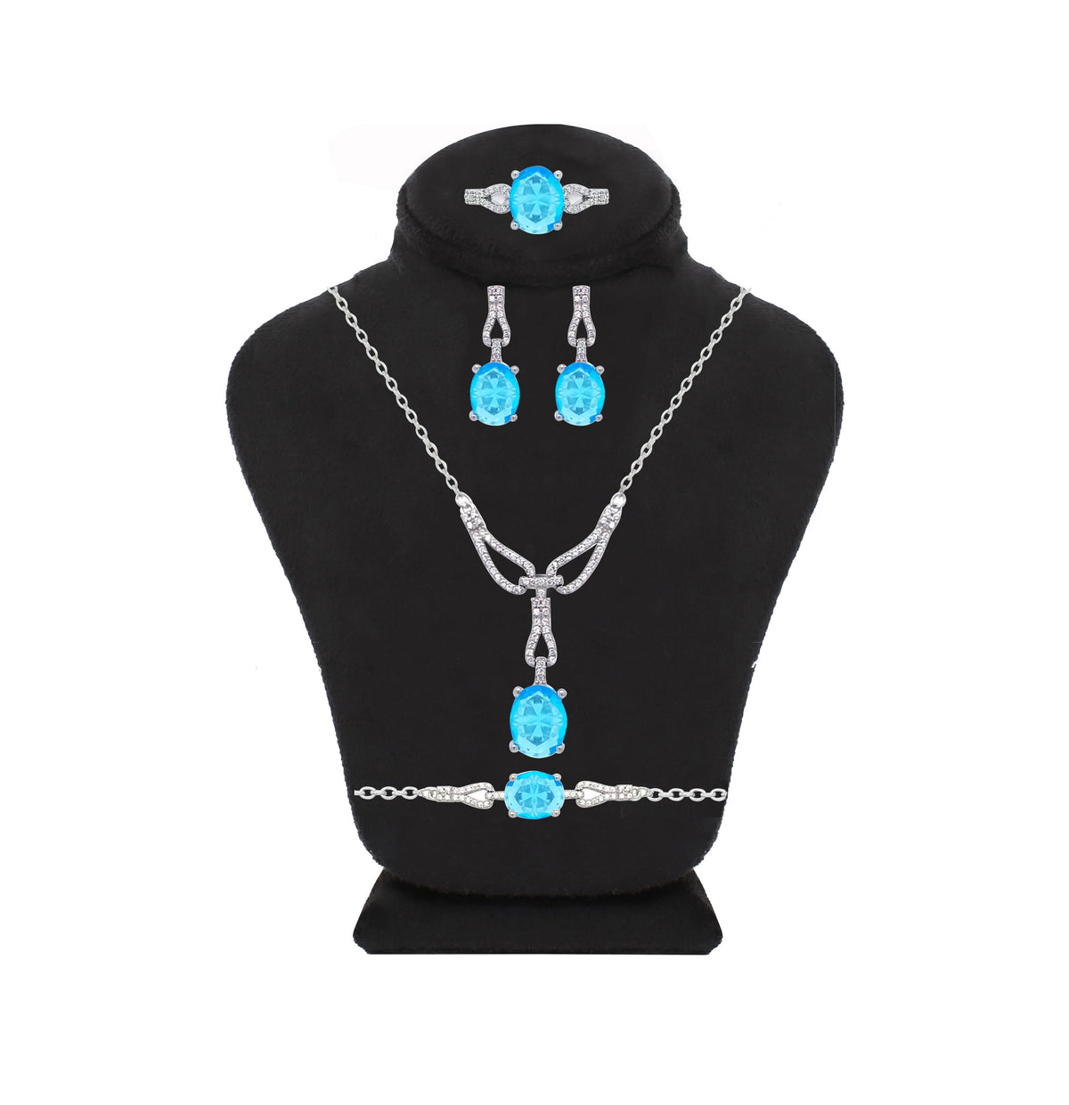 Asfour Crystal  Jewelry Set Of Necklace & Bracelet & Earrings And Ring With Decorative Aquamarine Oval Design In 925 Sterling Silver-SD0018-M-8